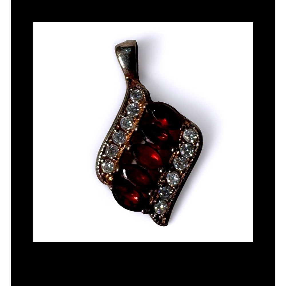 Vintage Red Garnet Marquise Pendant Silver Tone Shield Shape White Accents
